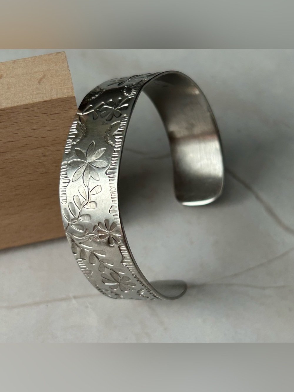 Floral Engraved Silver Tone Cuff Bracelet